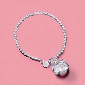 NWT Hello Kitty Locket Charm Bracelet S925 Sterling Silver Beaded Chain 7.5"